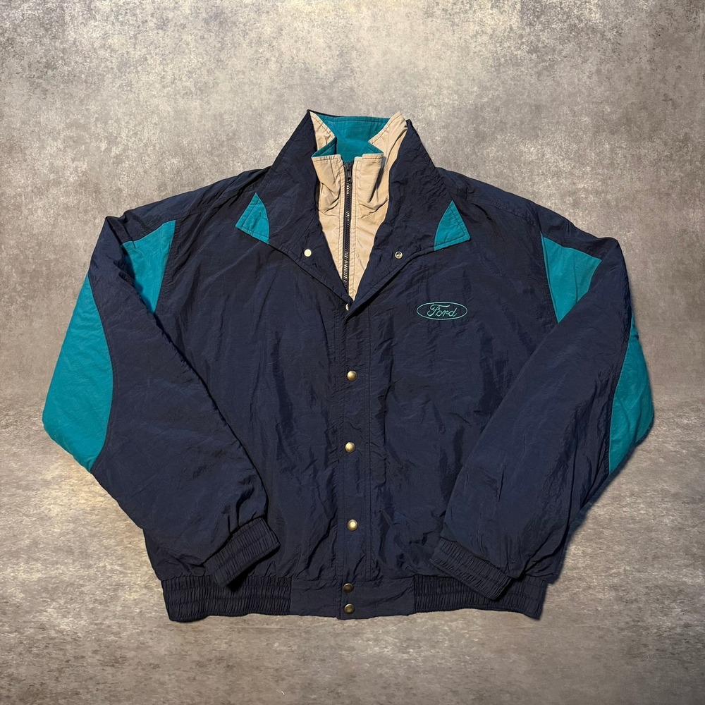 Vtg 90s Legends Ford Bomber Jacket Mens XL Navy Teal Colorblock Nylon USA Made